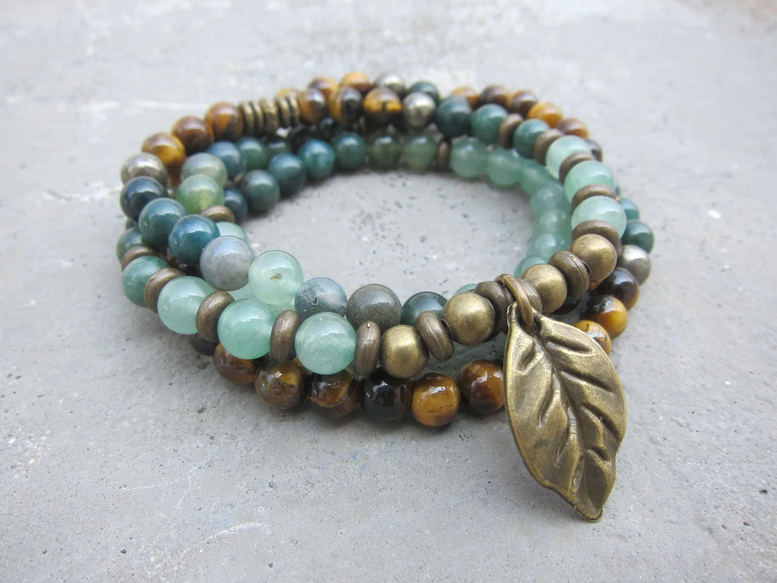 108 Bead Mala in Tiger Eye, Moss Agate Necklace