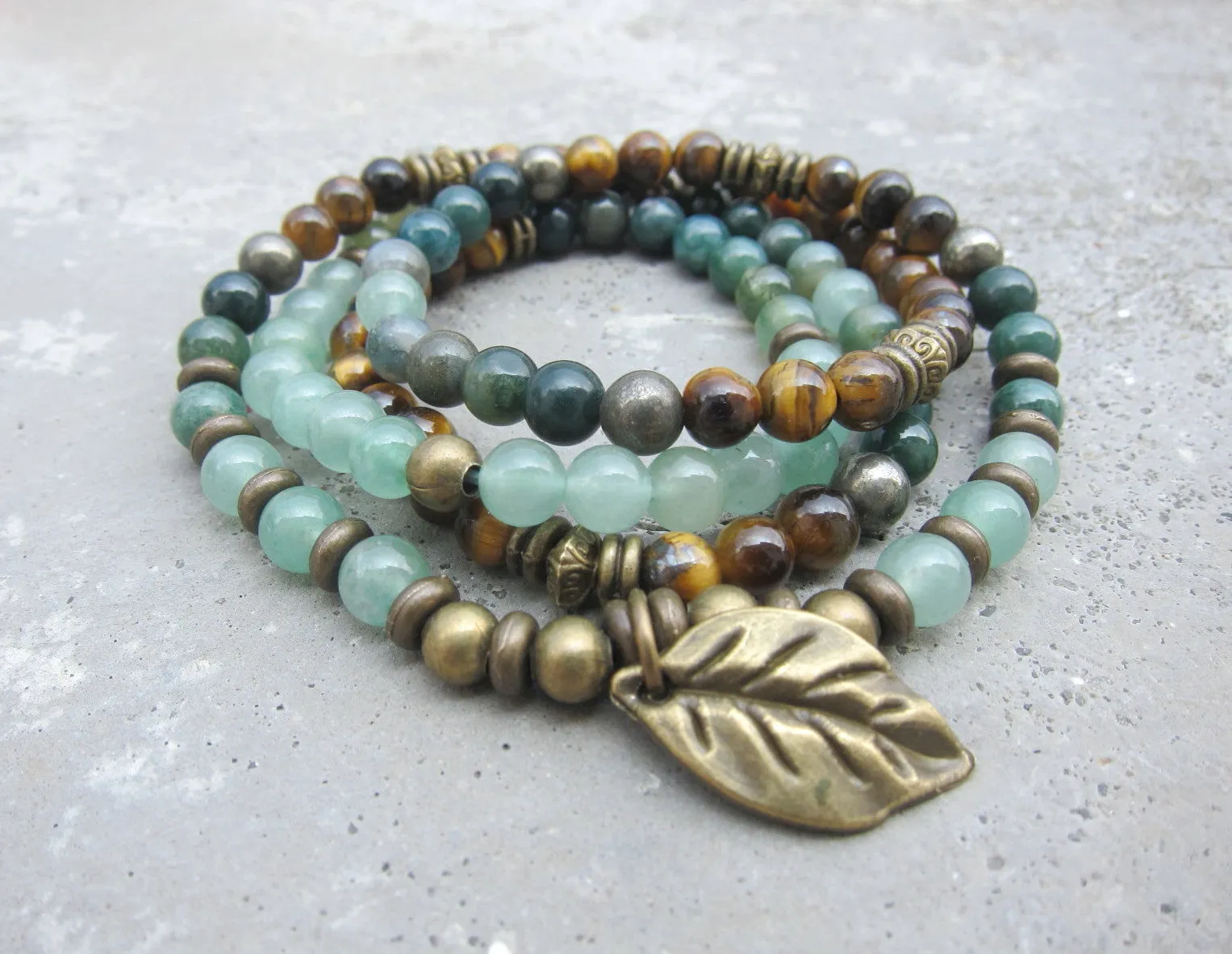 108 Bead Mala in Tiger Eye, Moss Agate Necklace