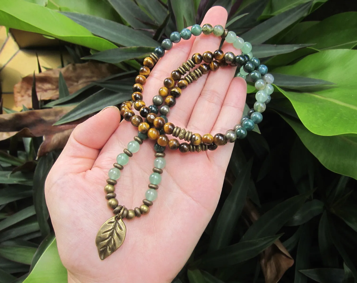 108 Bead Mala in Tiger Eye, Moss Agate Necklace