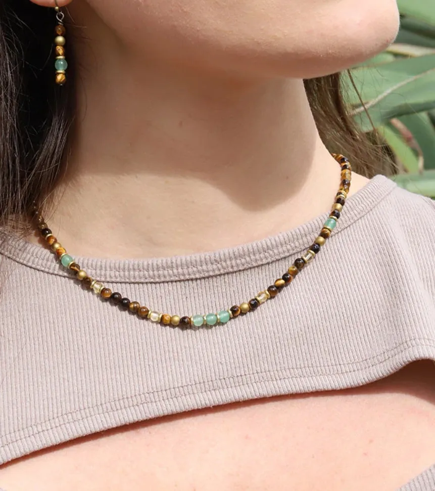 108 Bead Mala in Tiger Eye, Moss Agate Necklace