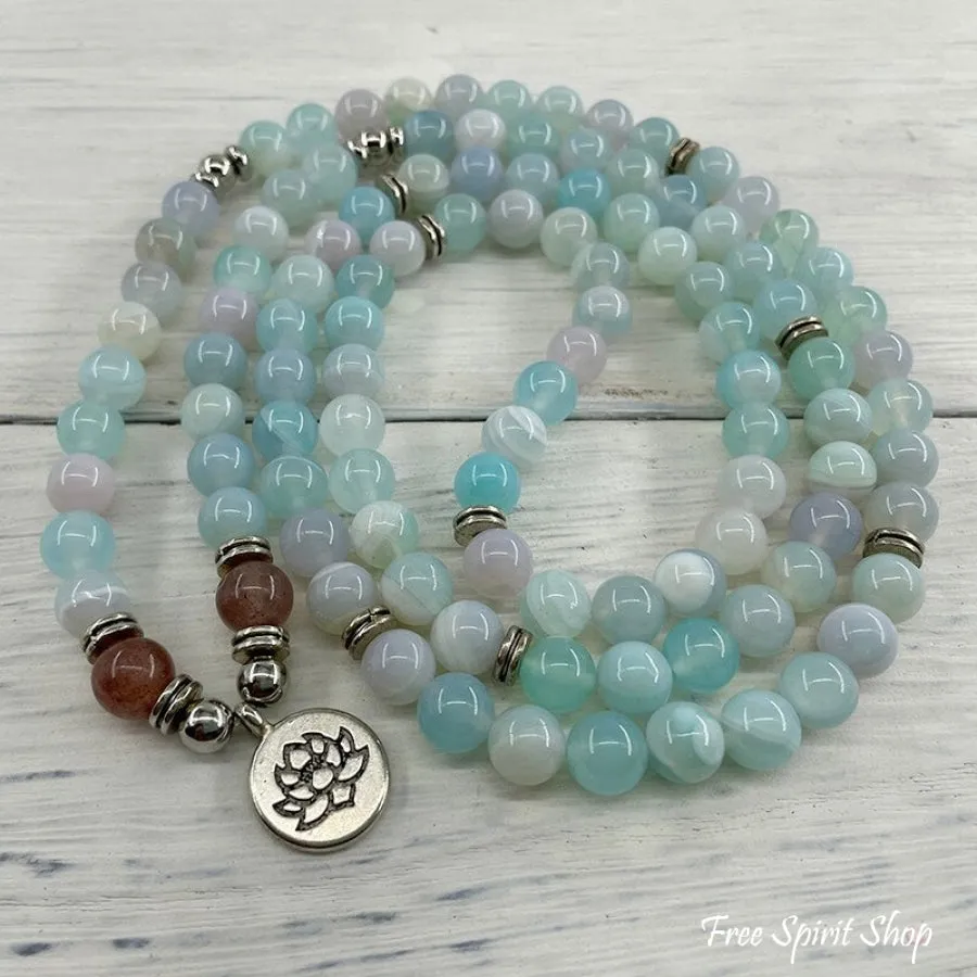 108 Natural Candy Agate & Strawberry Quartz Mala Bead Bracelet