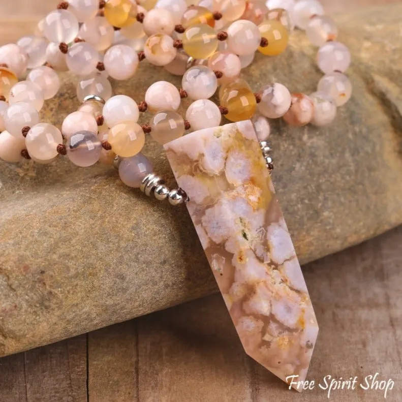 108 Natural Cherry Blossom Agate Gemstone Mala Bead Necklace