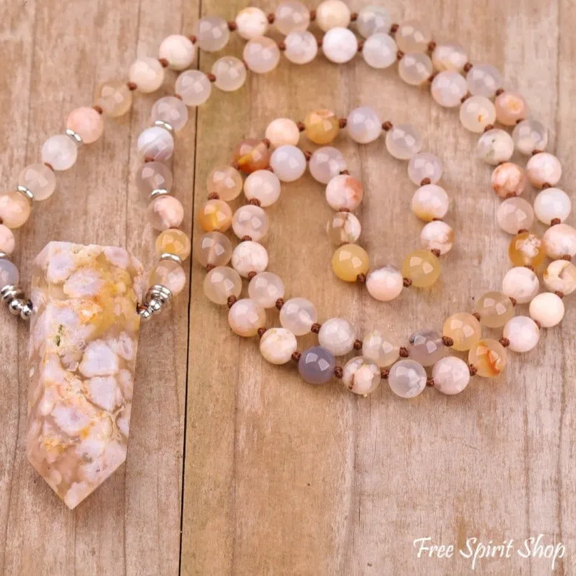 108 Natural Cherry Blossom Agate Gemstone Mala Bead Necklace