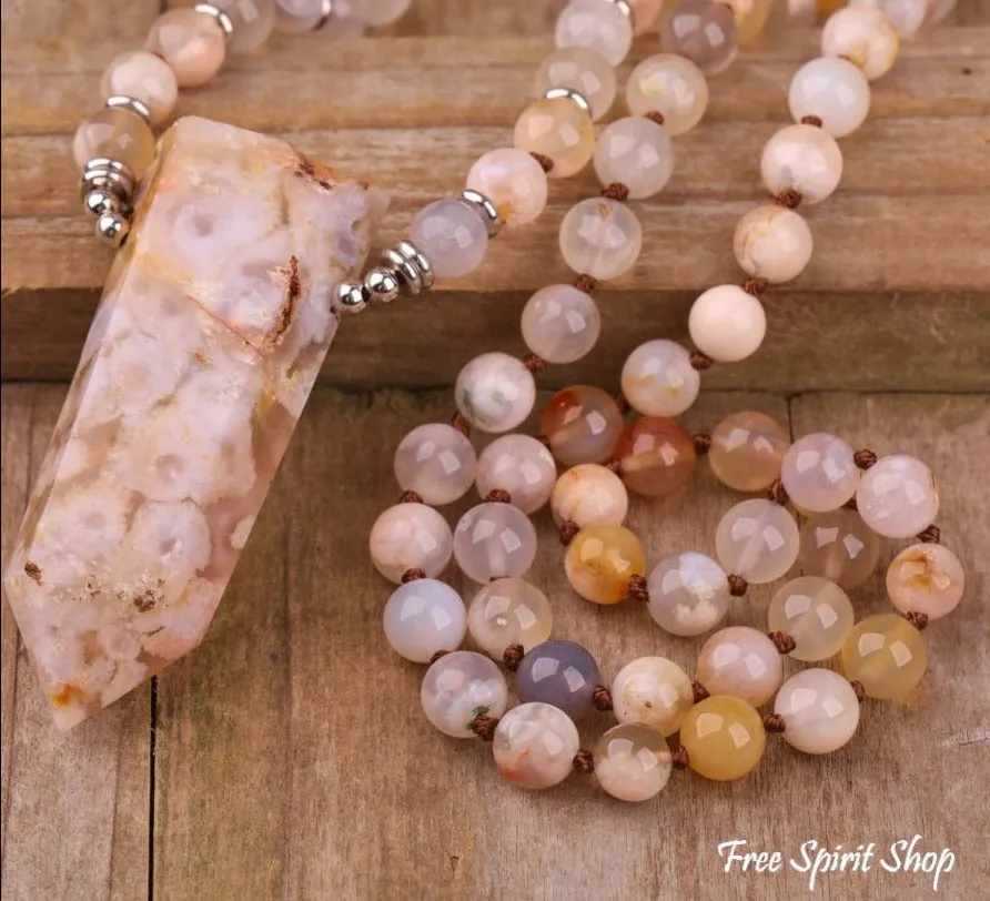 108 Natural Cherry Blossom Agate Gemstone Mala Bead Necklace