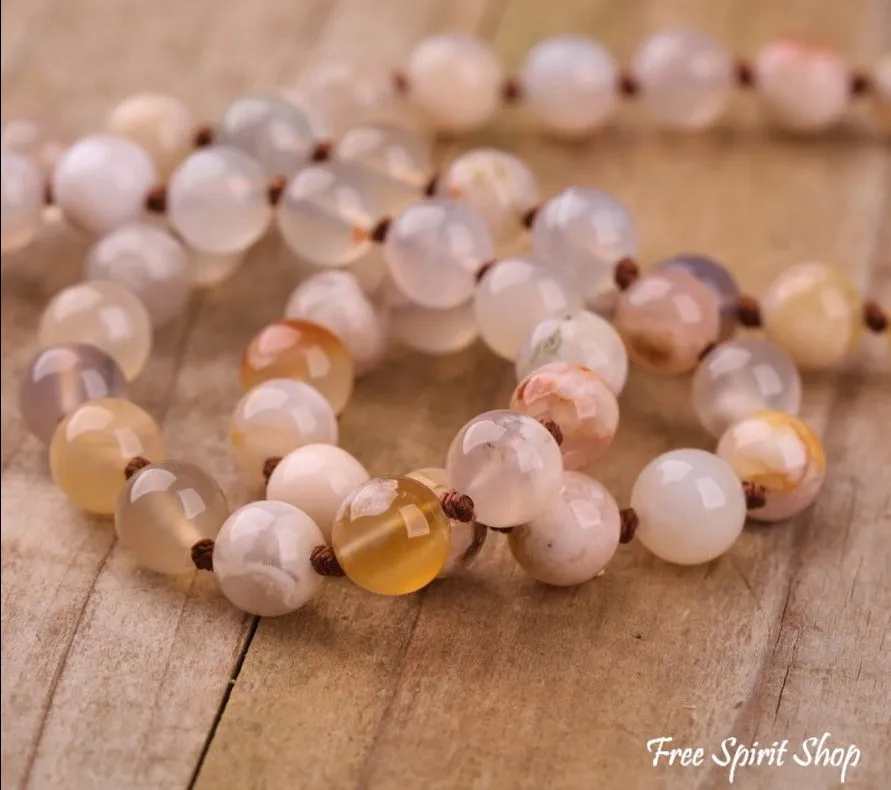 108 Natural Cherry Blossom Agate Gemstone Mala Bead Necklace