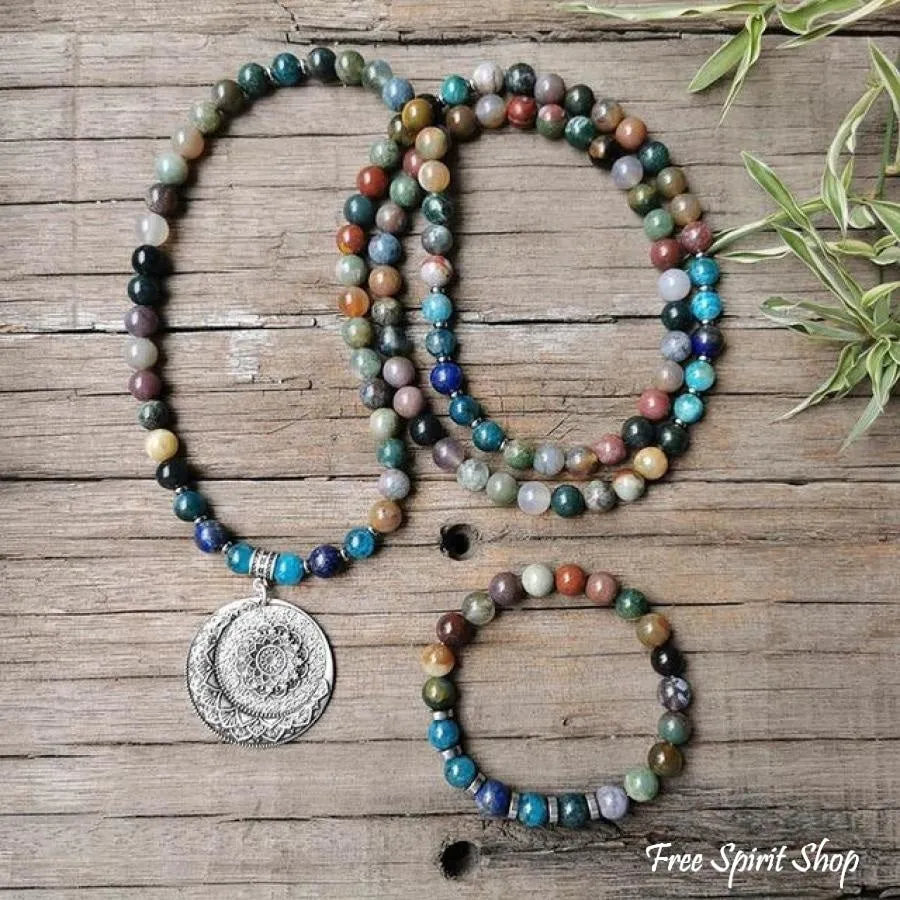 108 Natural Indian Onyx & Blue Apatite Mala Bead Necklace / Bracelet