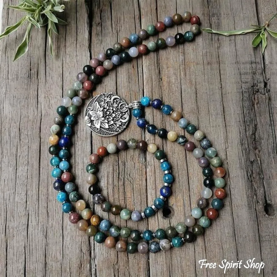 108 Natural Indian Onyx & Blue Apatite Mala Bead Necklace / Bracelet