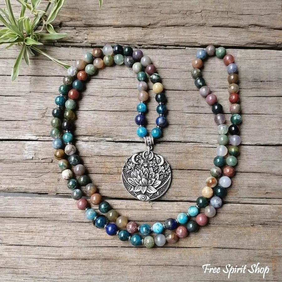 108 Natural Indian Onyx & Blue Apatite Mala Bead Necklace / Bracelet