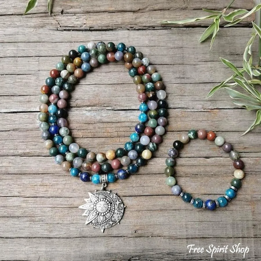 108 Natural Indian Onyx & Blue Apatite Mala Bead Necklace / Bracelet