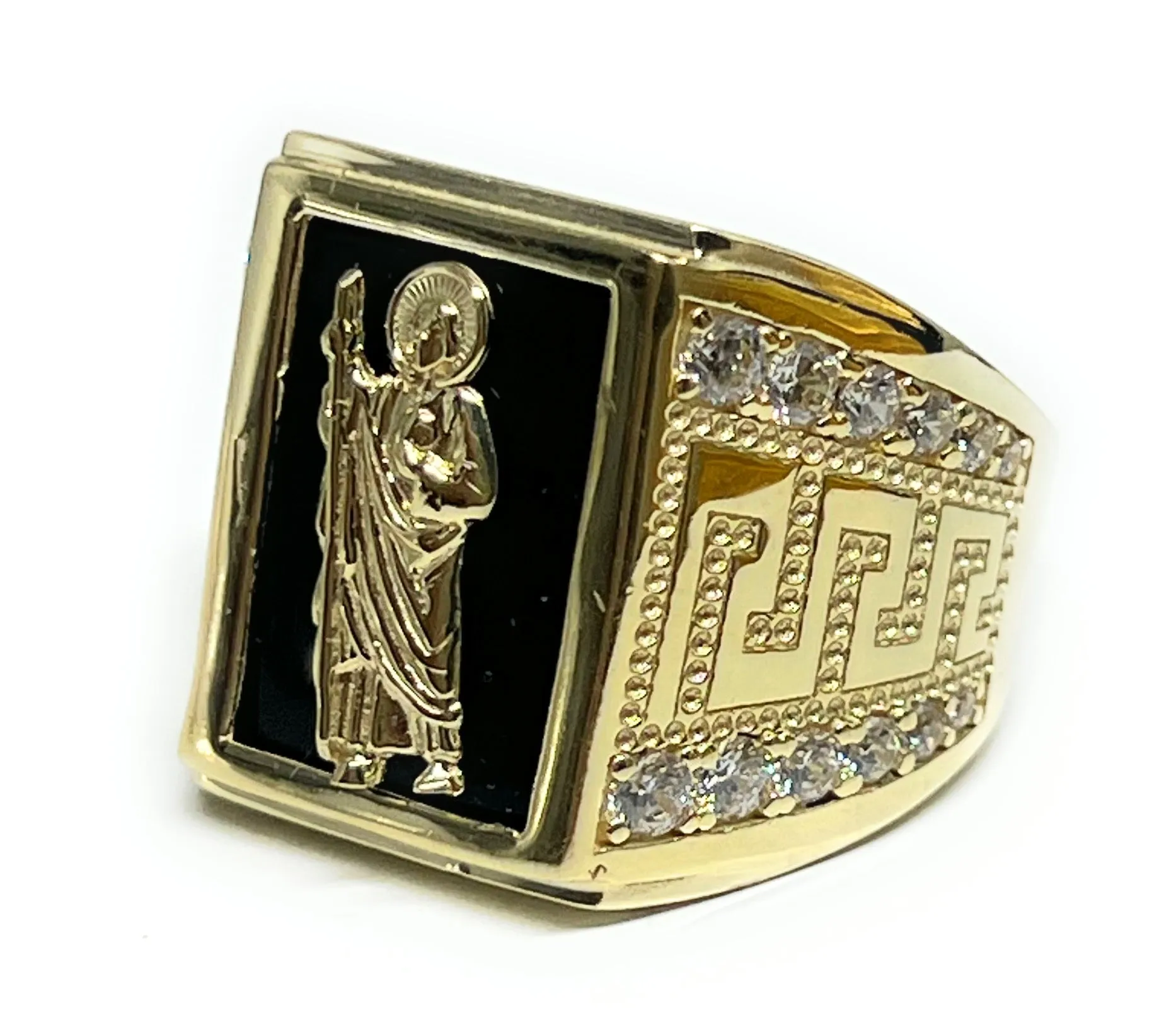 10k Solid Gold SAAN JUDAS SAAINT JUDE ONYX CZ GREEK BORDER Ring (11.9g)