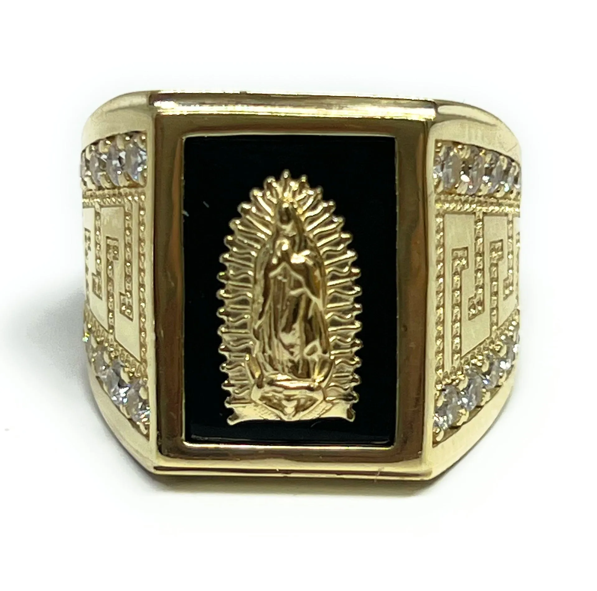 10k Solid Gold Virrgin Mary ONYX CZ GREEK BORDER Ring