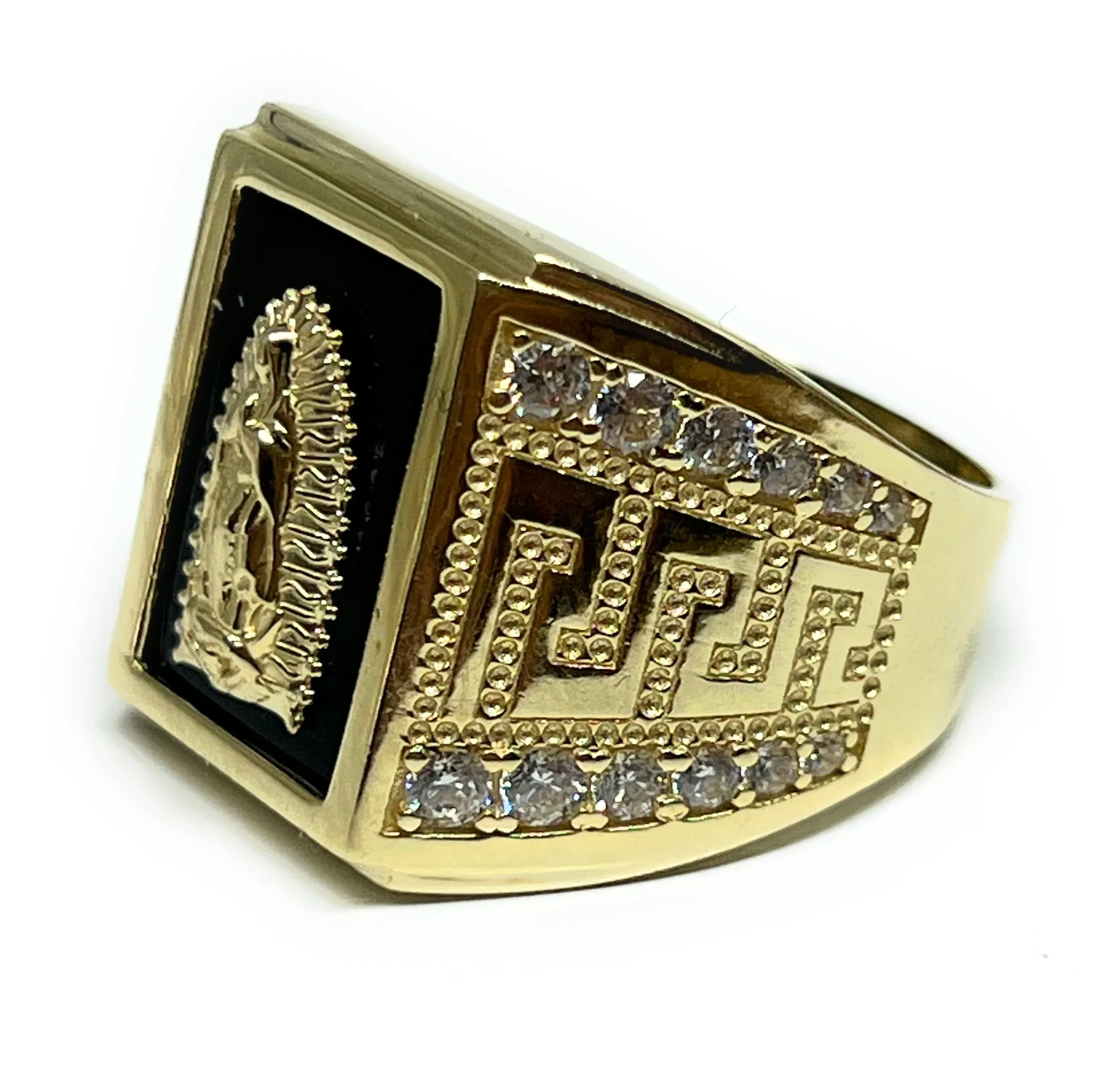 10k Solid Gold Virrgin Mary ONYX CZ GREEK BORDER Ring