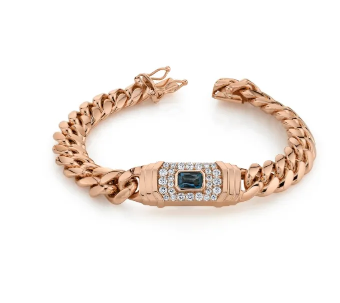 14K Gold Diamond Blue Topaz Miami Cuban Link Bracelet