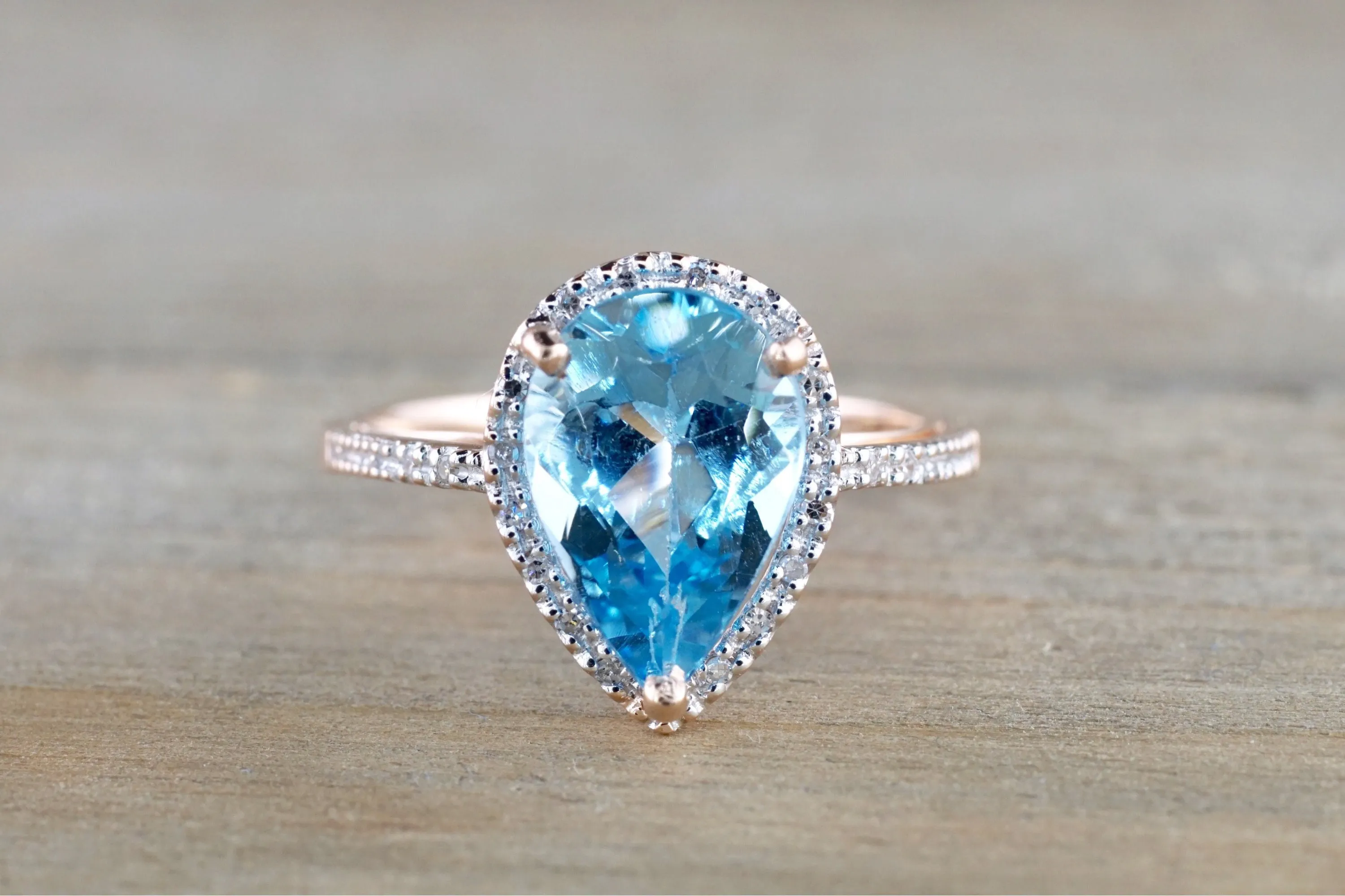 14k Rose Gold Pear Shape Blue Topaz set in a Diamond Halo Engagement Ring Love Engagement Promise 12x9mm