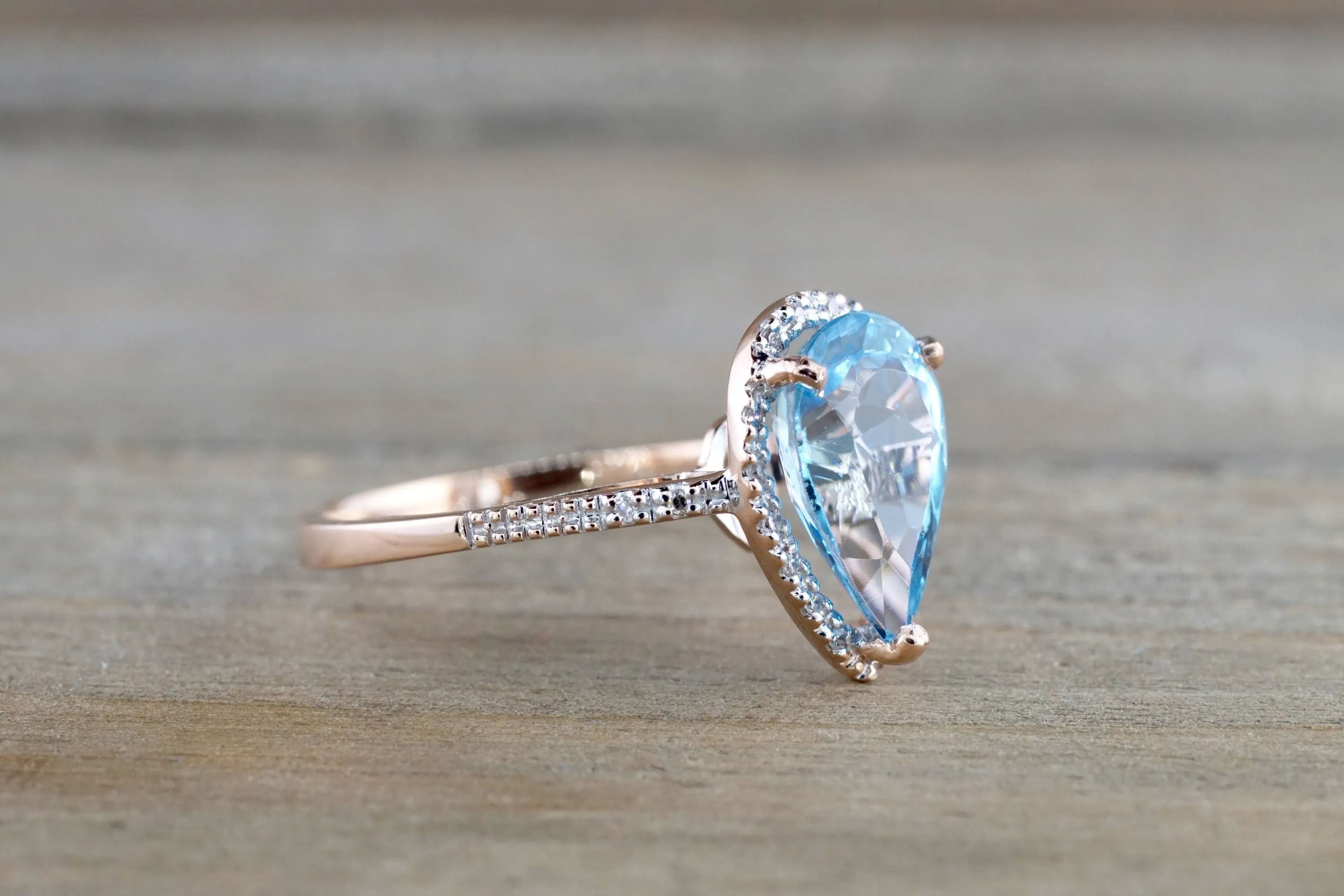 14k Rose Gold Pear Shape Blue Topaz set in a Diamond Halo Engagement Ring Love Engagement Promise 12x9mm