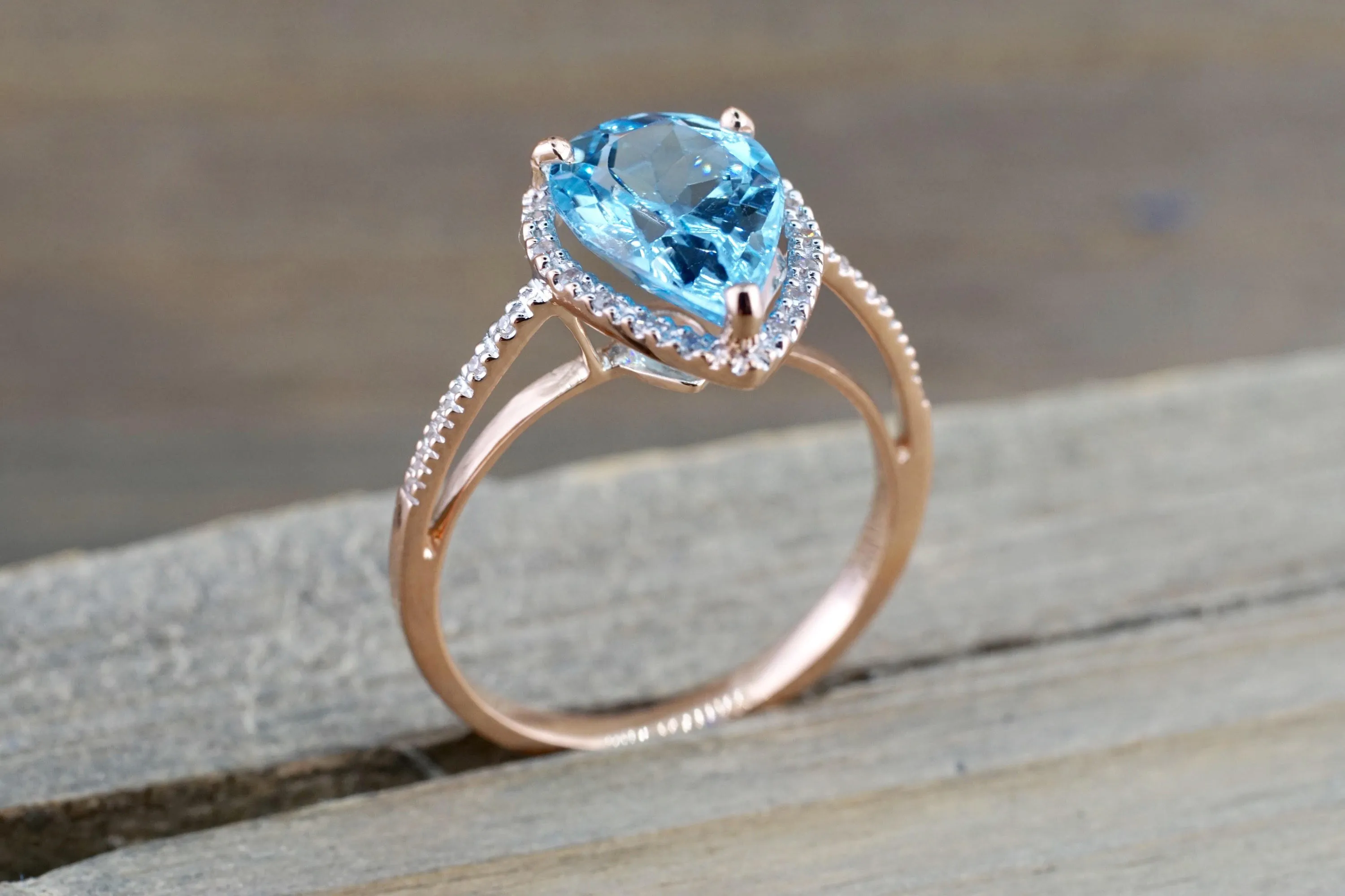 14k Rose Gold Pear Shape Blue Topaz set in a Diamond Halo Engagement Ring Love Engagement Promise 12x9mm