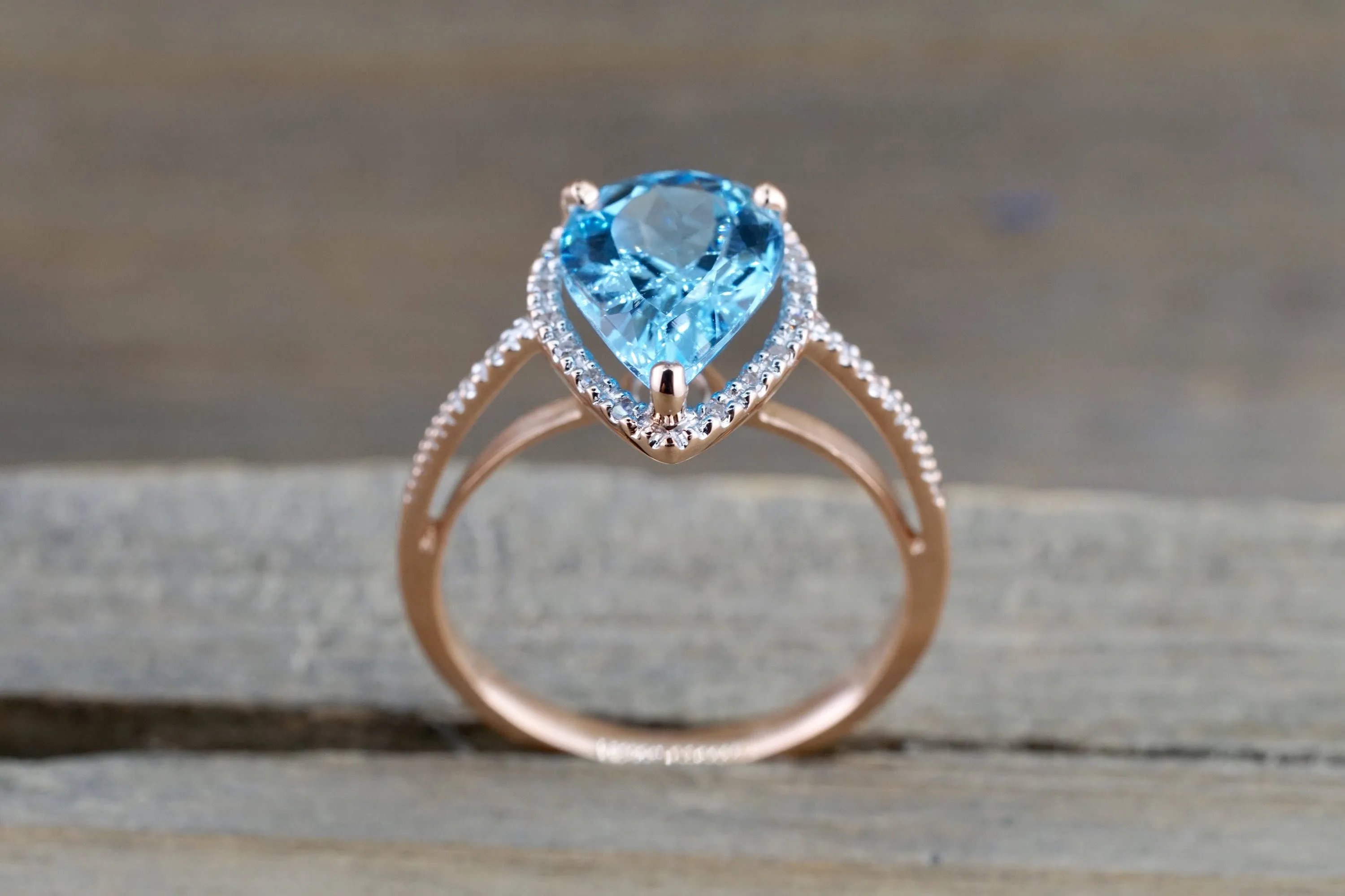 14k Rose Gold Pear Shape Blue Topaz set in a Diamond Halo Engagement Ring Love Engagement Promise 12x9mm