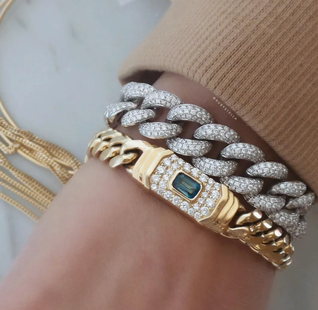 14K Yellow Gold and Diamond Blue Topaz Miami Cuban Link Bracelet