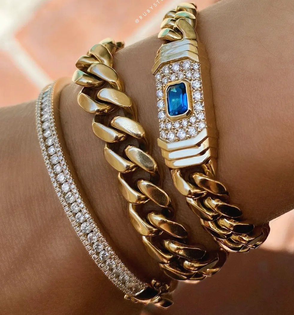 14K Yellow Gold and Diamond Blue Topaz Miami Cuban Link Bracelet