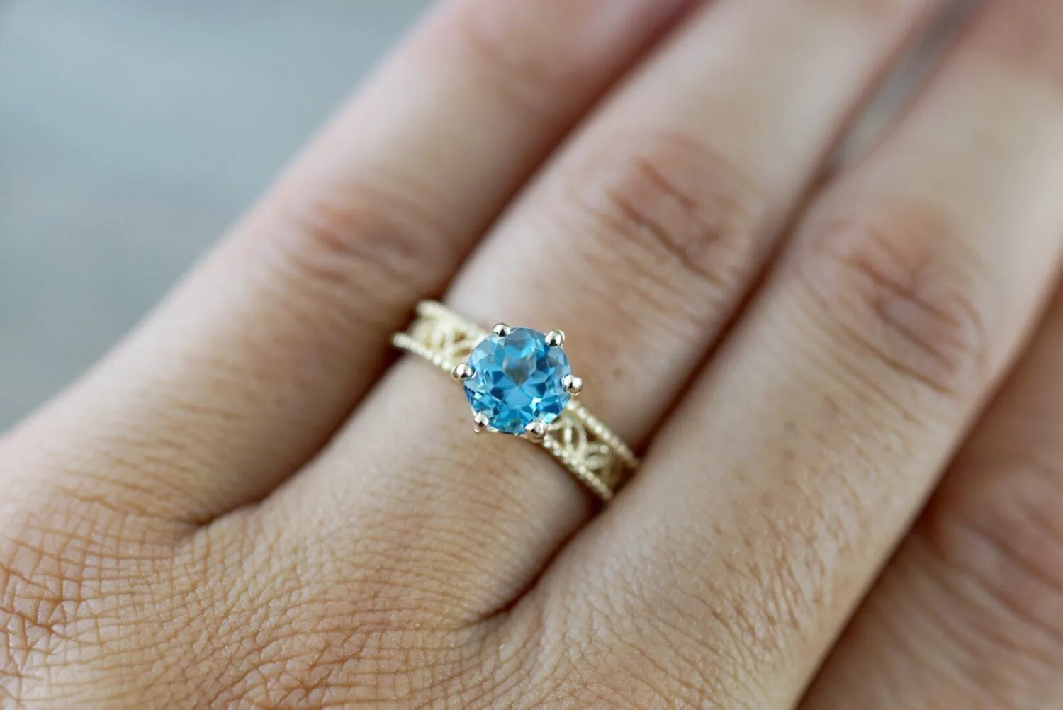 14k Yellow Gold Leaf Floral Danity Vintage Milgrain Round Blue Topaz Engagement Ring Love Engagement Promise