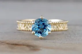 14k Yellow Gold Leaf Floral Danity Vintage Milgrain Round Blue Topaz Engagement Ring Love Engagement Promise