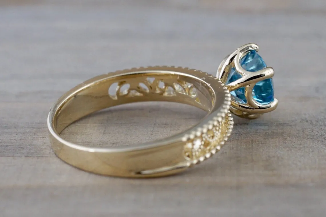 14k Yellow Gold Leaf Floral Danity Vintage Milgrain Round Blue Topaz Engagement Ring Love Engagement Promise