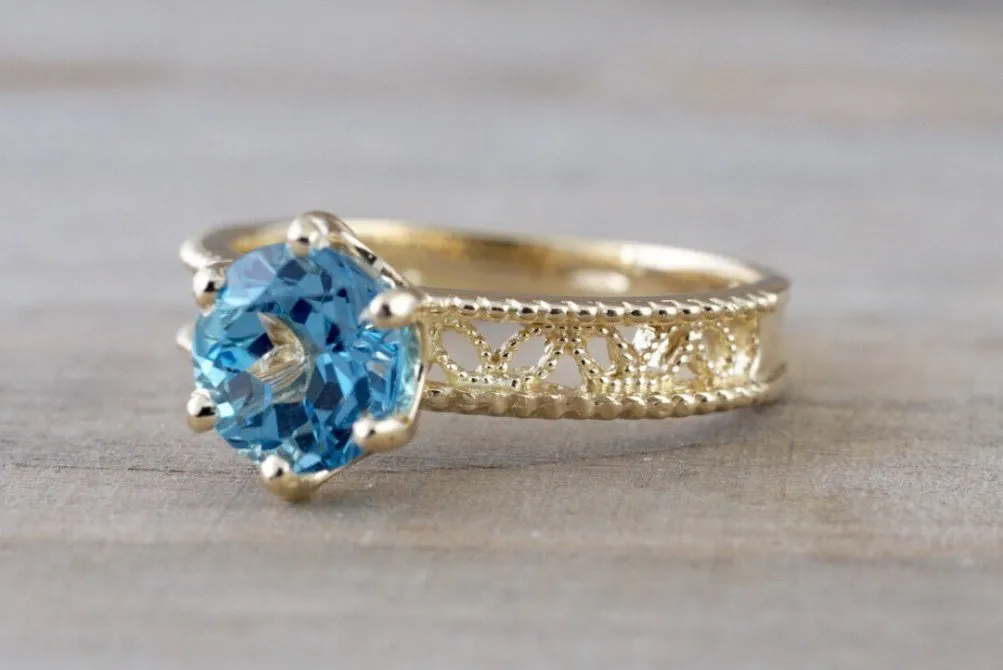 14k Yellow Gold Leaf Floral Danity Vintage Milgrain Round Blue Topaz Engagement Ring Love Engagement Promise