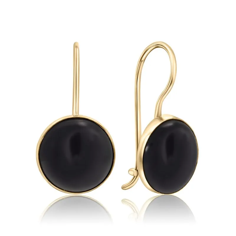 14K Yellow Gold Round Black Onyx 8mm Dangle Earrings