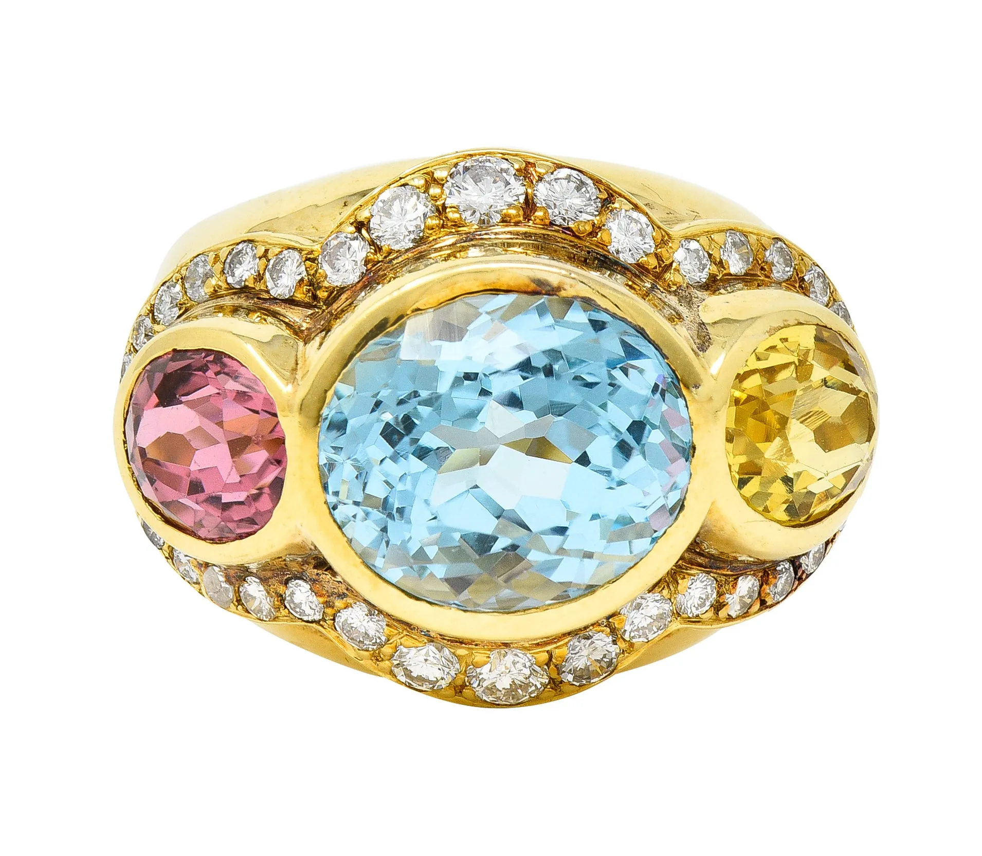 1980s 11.27 CTW Topaz Tourmaline Heliodor Diamond 18 Karat Yellow Gold Vintage Three Stone Cocktail Ring