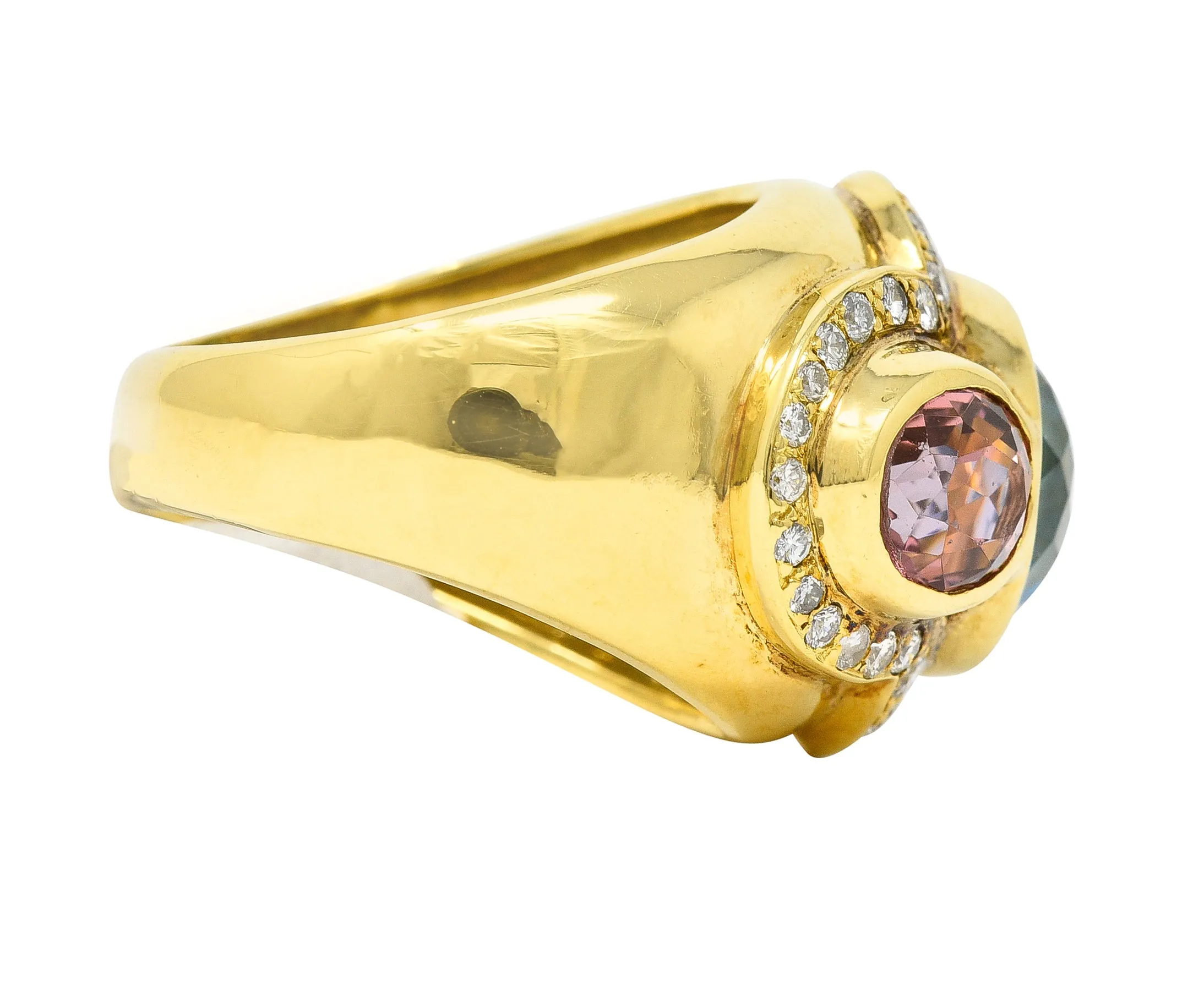 1980s 11.27 CTW Topaz Tourmaline Heliodor Diamond 18 Karat Yellow Gold Vintage Three Stone Cocktail Ring