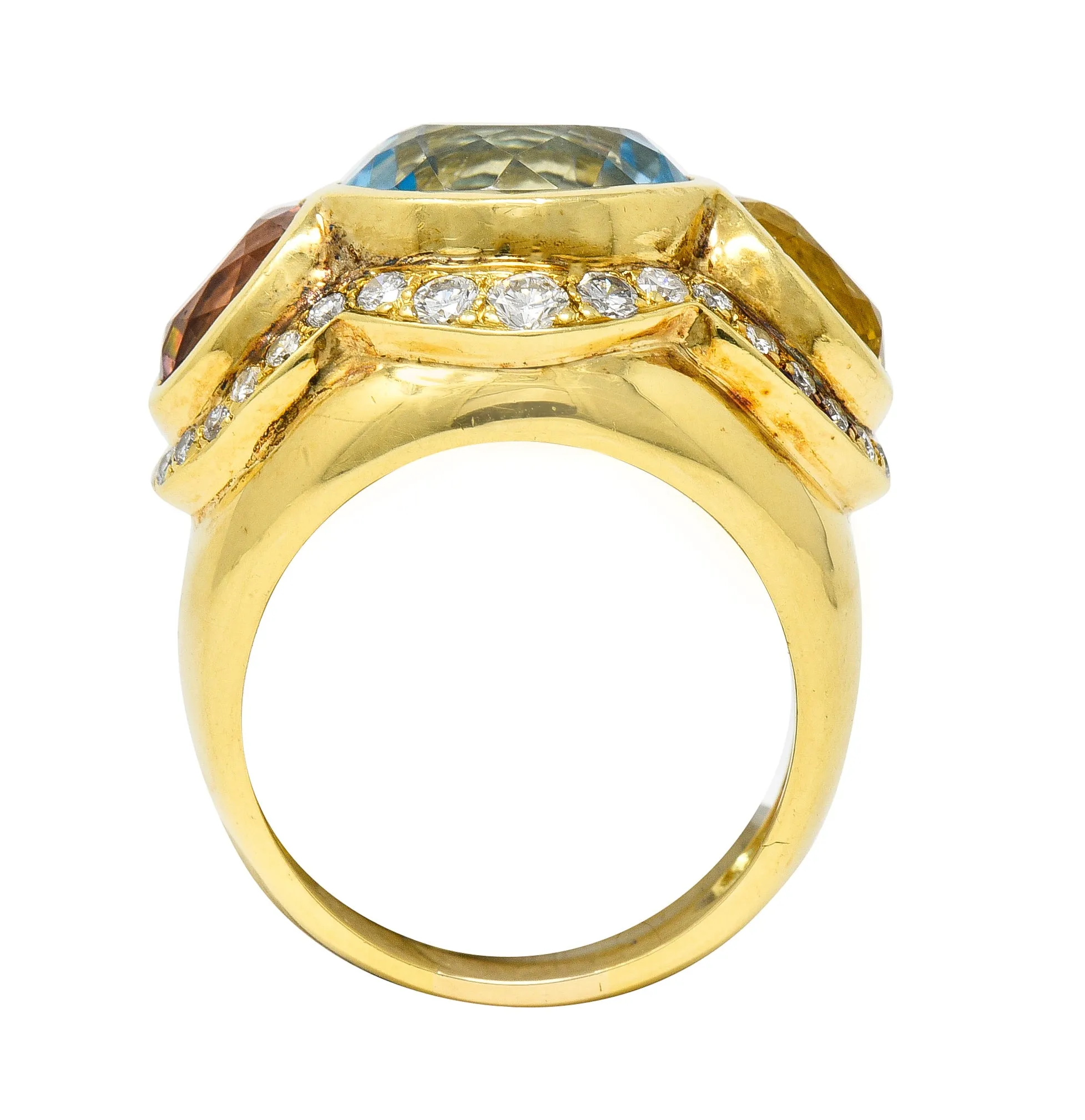 1980s 11.27 CTW Topaz Tourmaline Heliodor Diamond 18 Karat Yellow Gold Vintage Three Stone Cocktail Ring