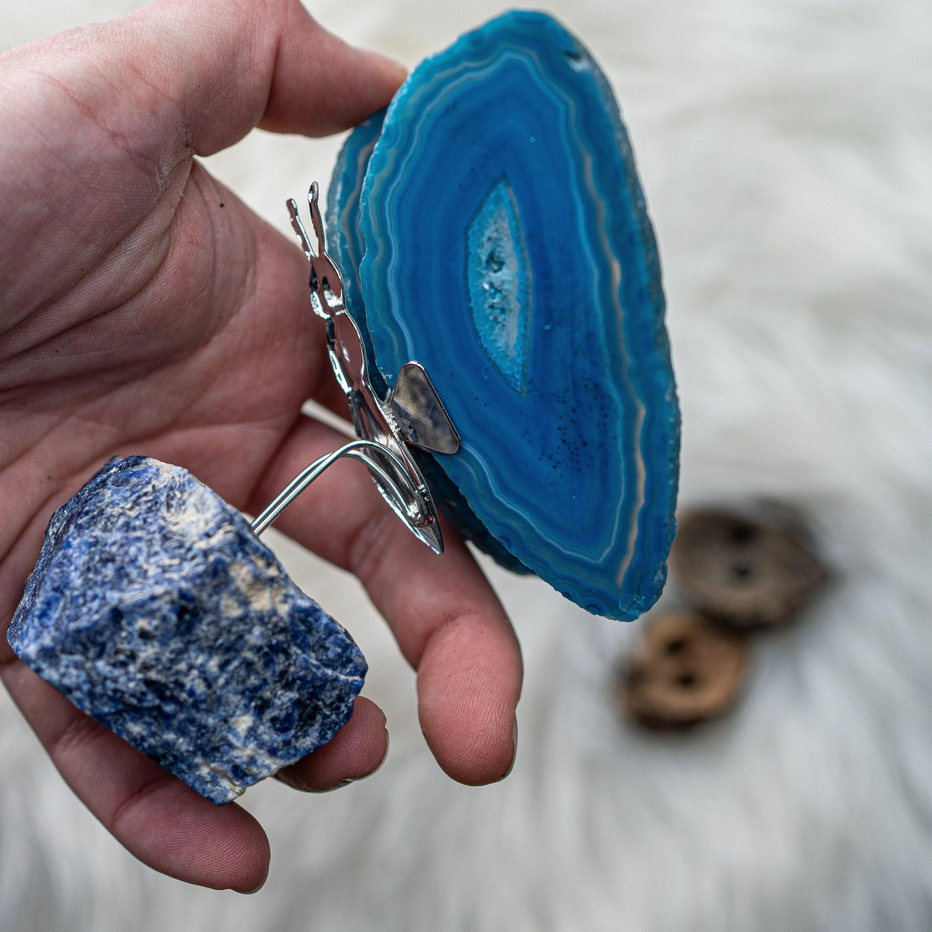 Agate Slice Butterfly Display and Rough Stone Setting ~ Spring Vibes and Multiple Colors