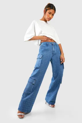 All Over Rhinestone Hot Fix Cargo Jeans