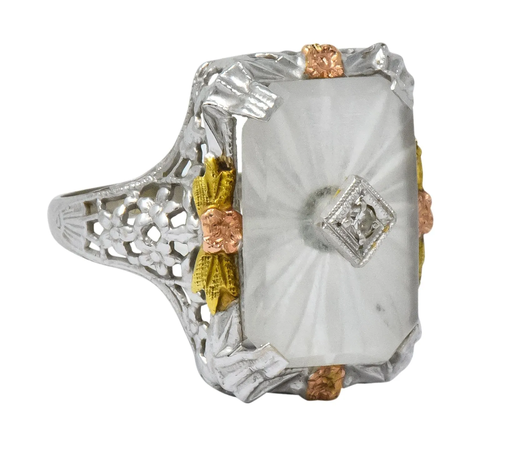 Art Deco Diamond Camphor Glass 14 Karat Tri-Color Gold Dinner Ring