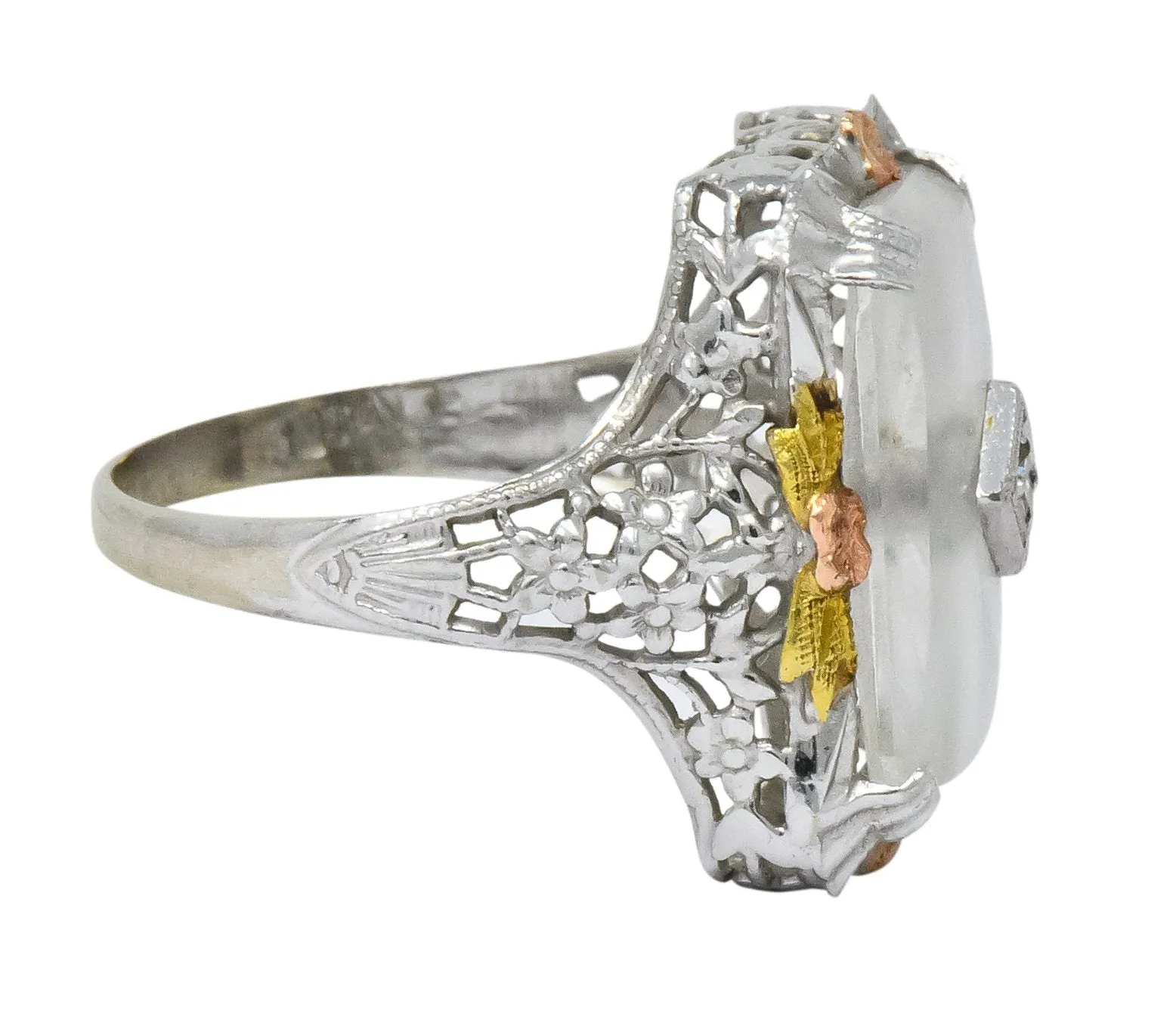 Art Deco Diamond Camphor Glass 14 Karat Tri-Color Gold Dinner Ring