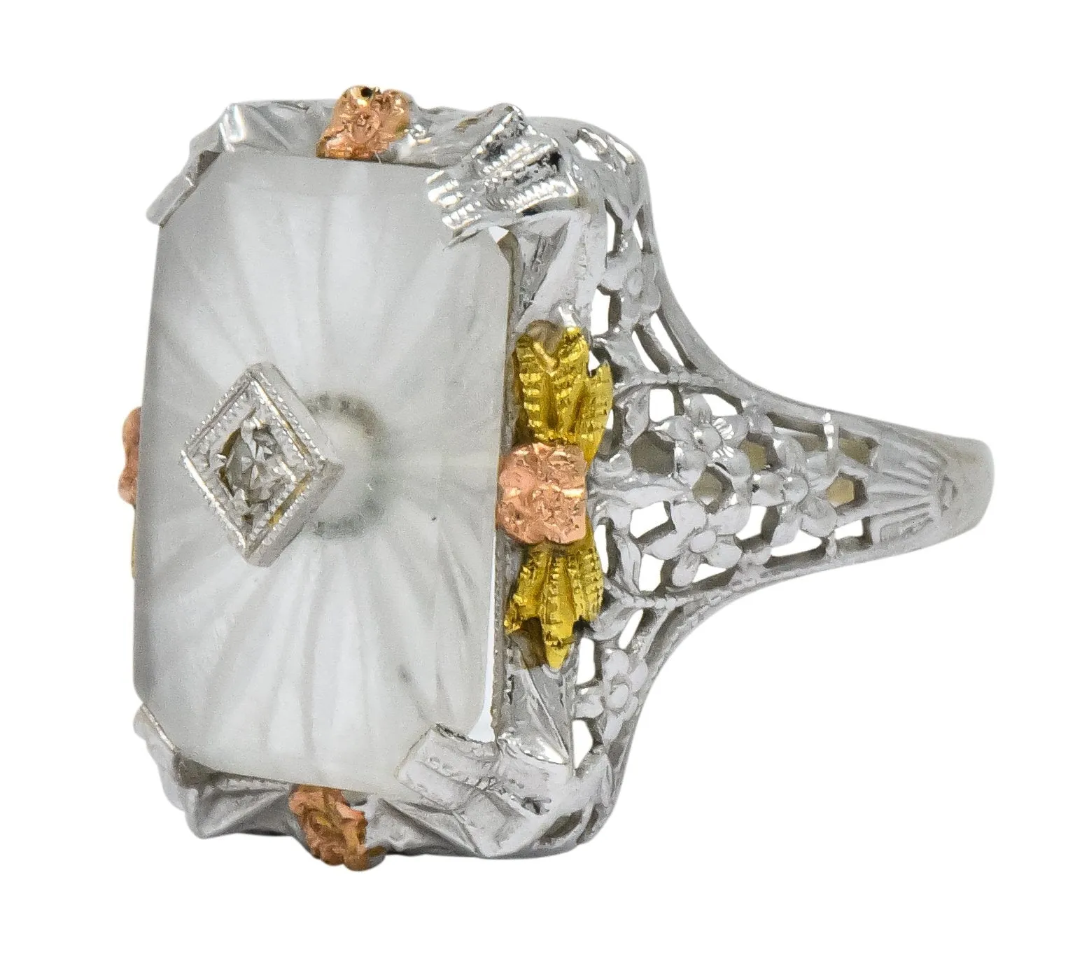 Art Deco Diamond Camphor Glass 14 Karat Tri-Color Gold Dinner Ring