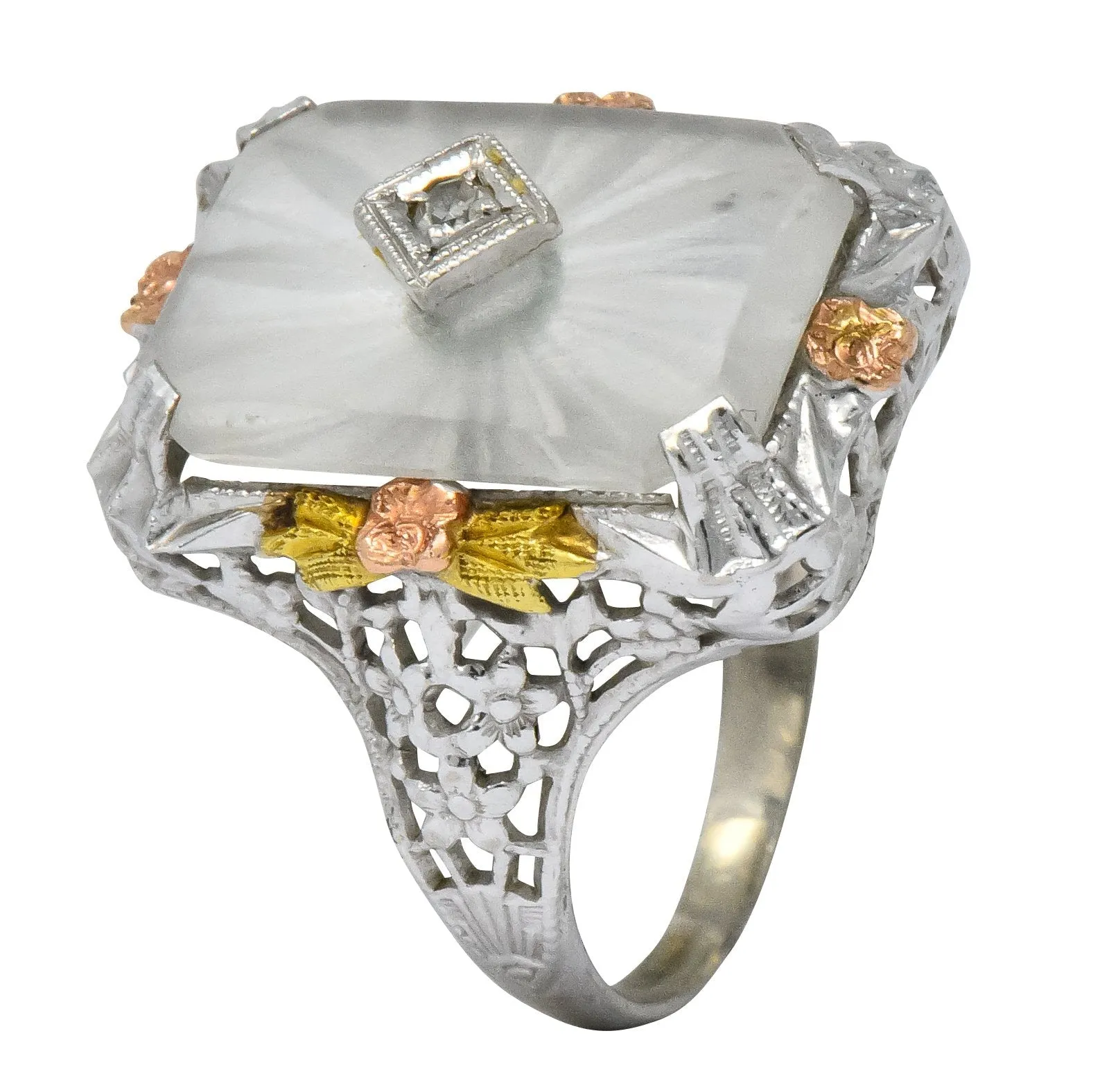 Art Deco Diamond Camphor Glass 14 Karat Tri-Color Gold Dinner Ring