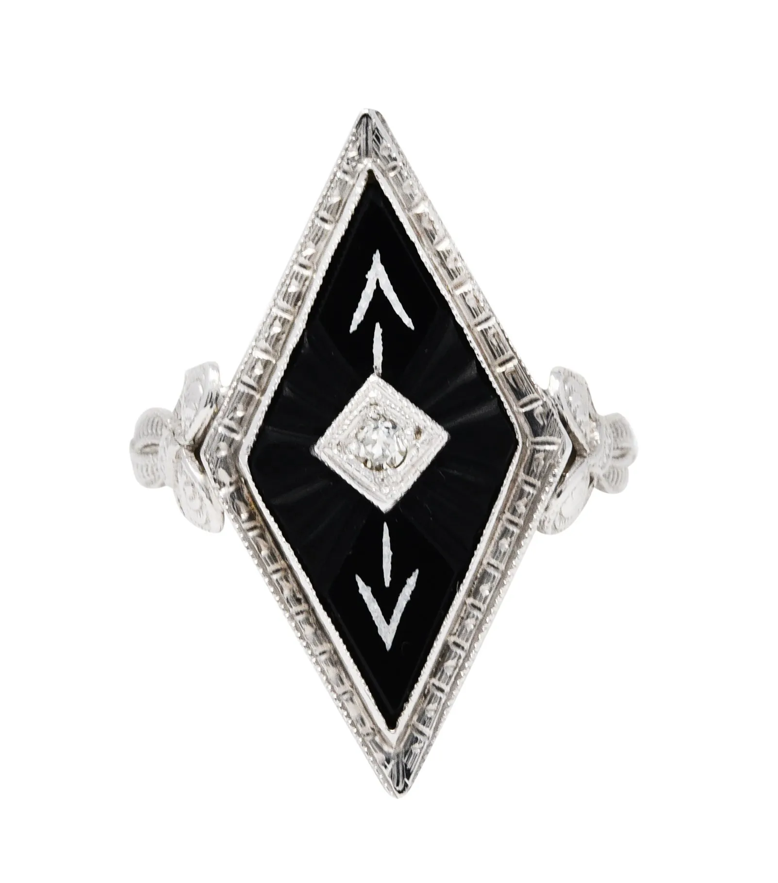 Art Deco Diamond Onyx 14 Karat White Gold Navette Dinner Ring