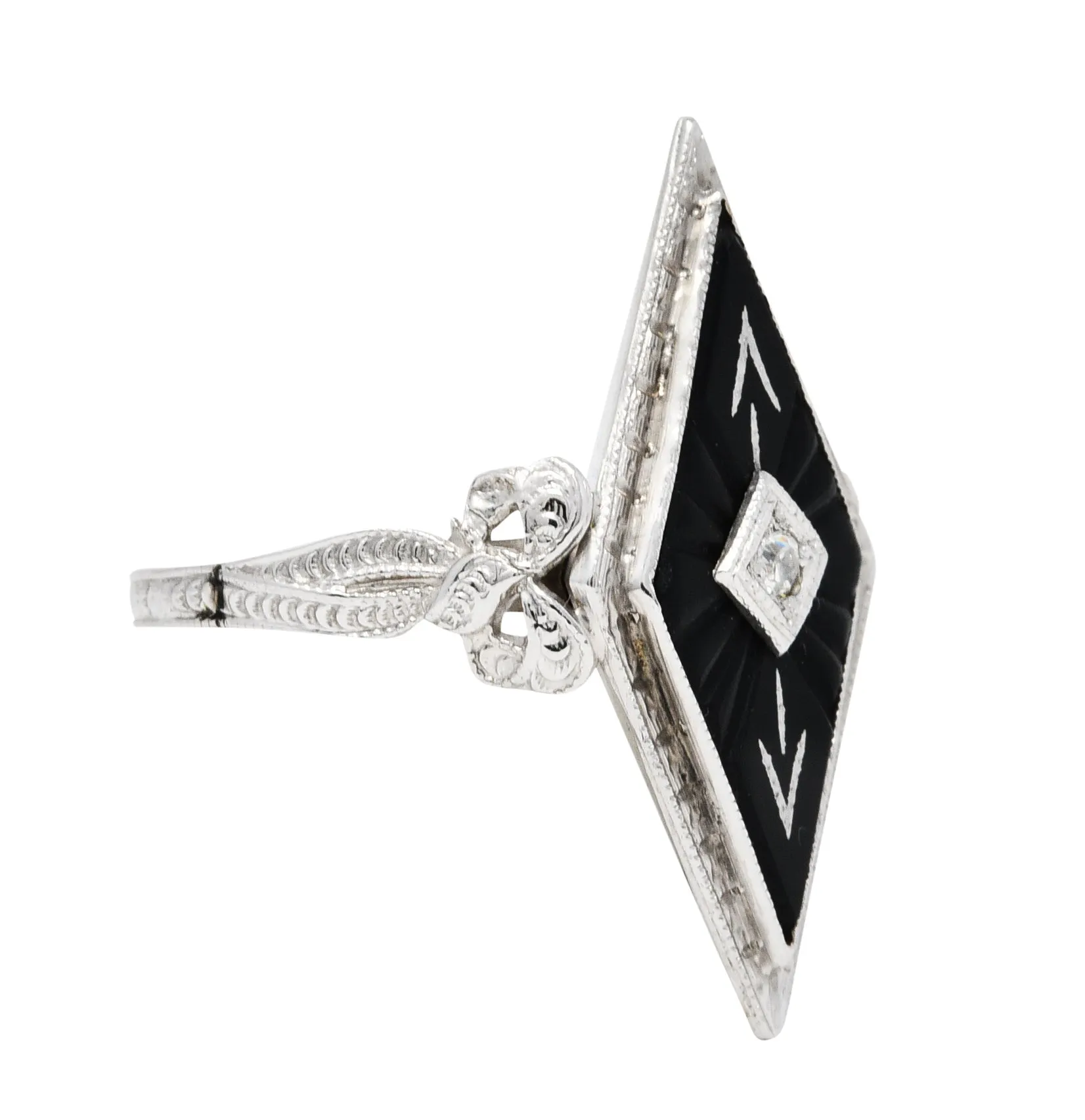 Art Deco Diamond Onyx 14 Karat White Gold Navette Dinner Ring