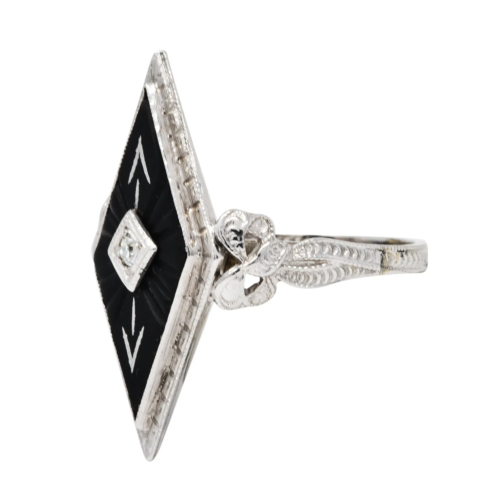 Art Deco Diamond Onyx 14 Karat White Gold Navette Dinner Ring