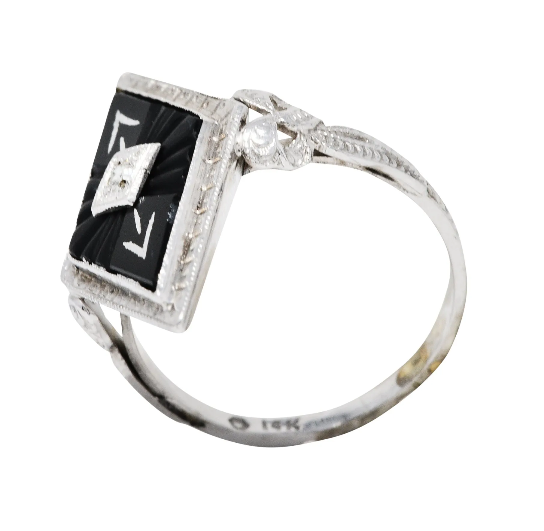 Art Deco Diamond Onyx 14 Karat White Gold Navette Dinner Ring