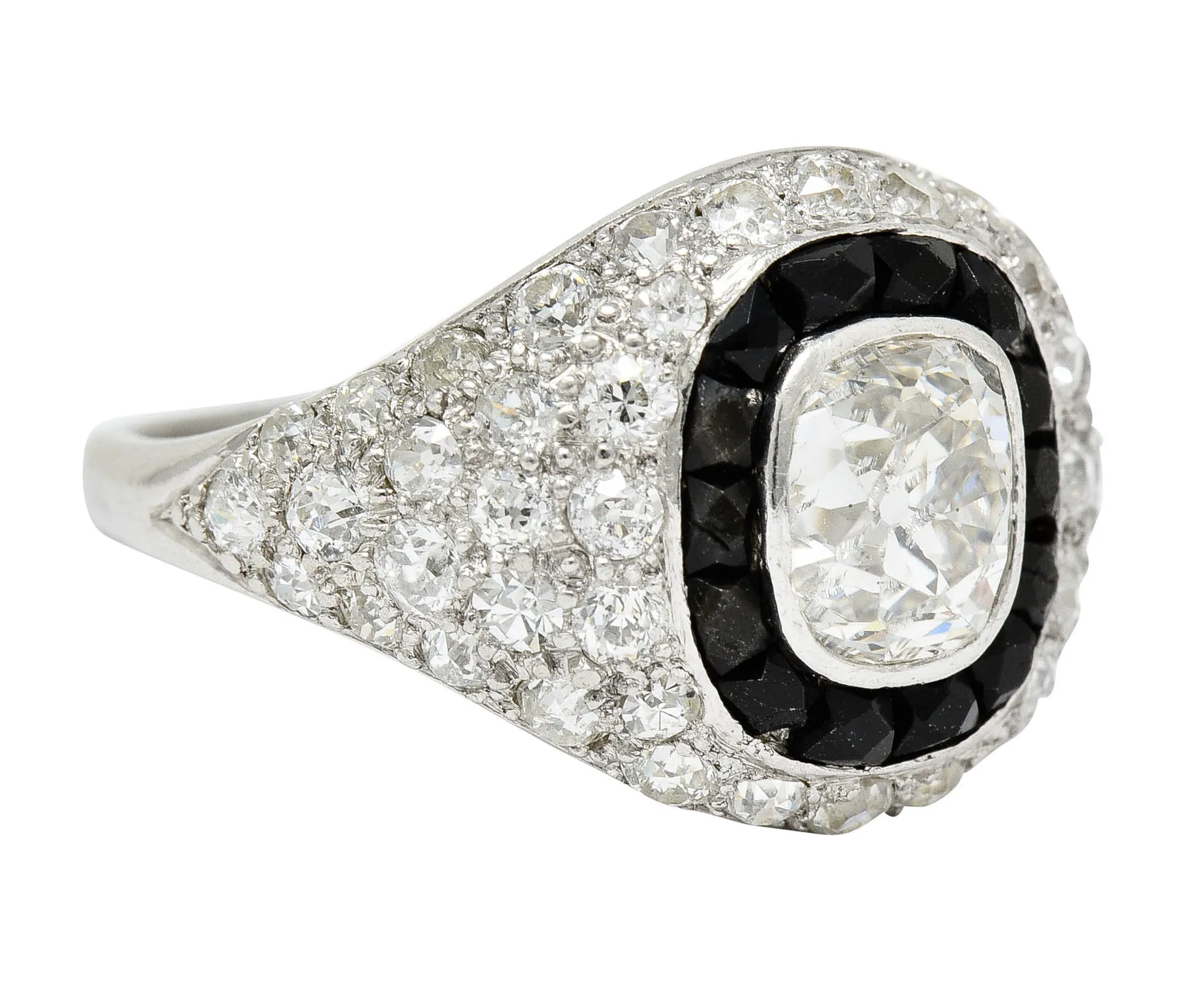 Art Deco Onyx Halo 2.70 CTW Diamond Platinum Bombe Band Vintage Ring