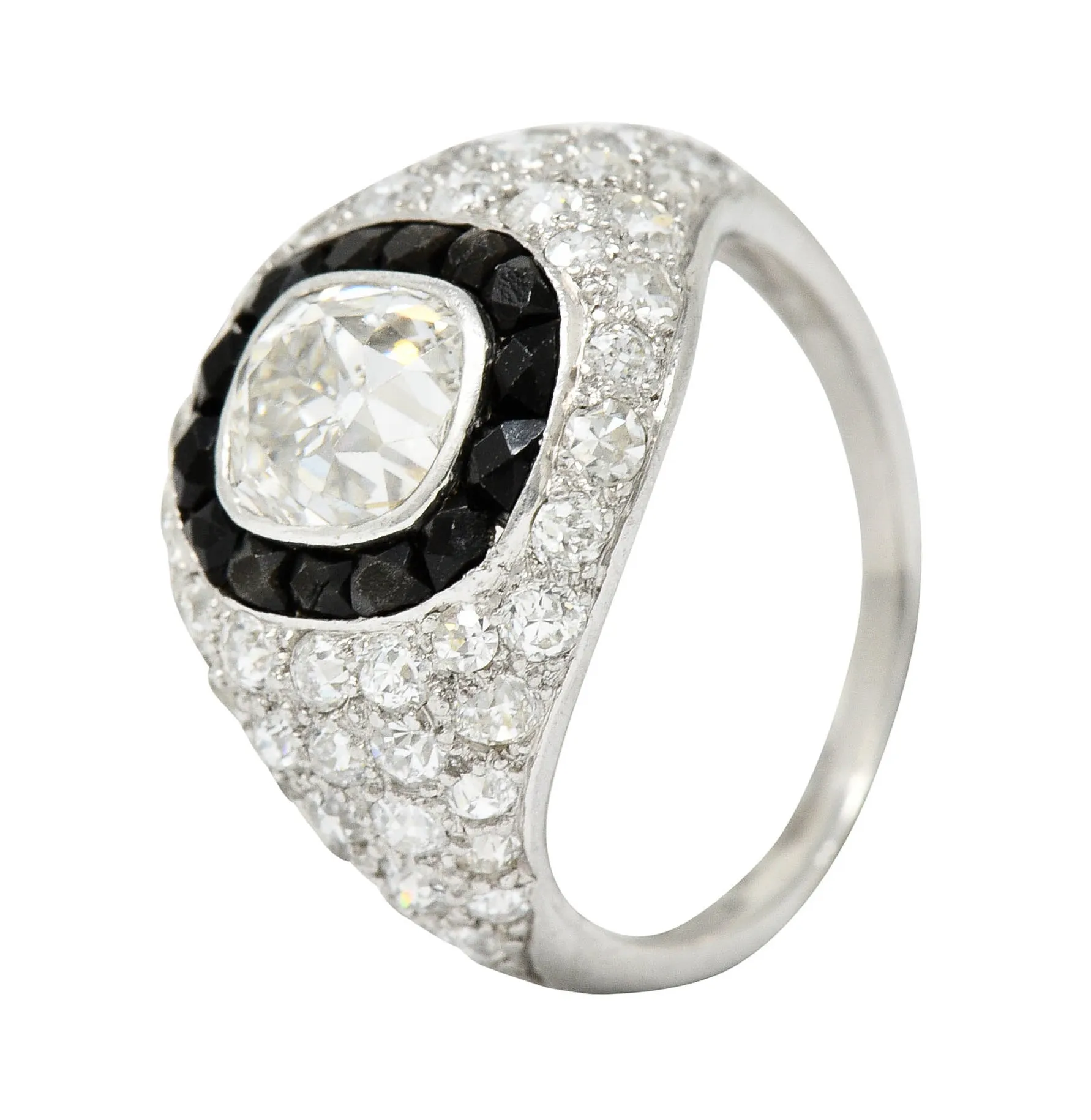 Art Deco Onyx Halo 2.70 CTW Diamond Platinum Bombe Band Vintage Ring