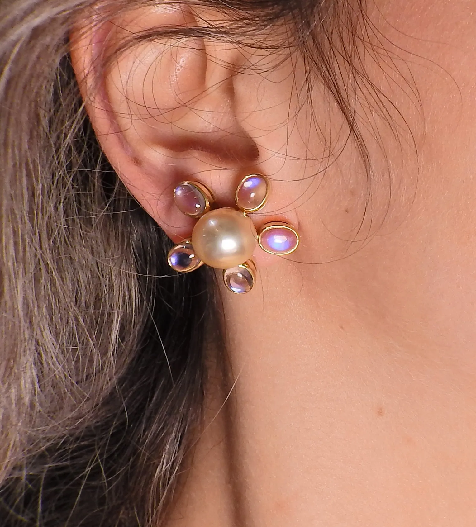 Assael South Sea Pearl Moonstone Gold Flower Earrings