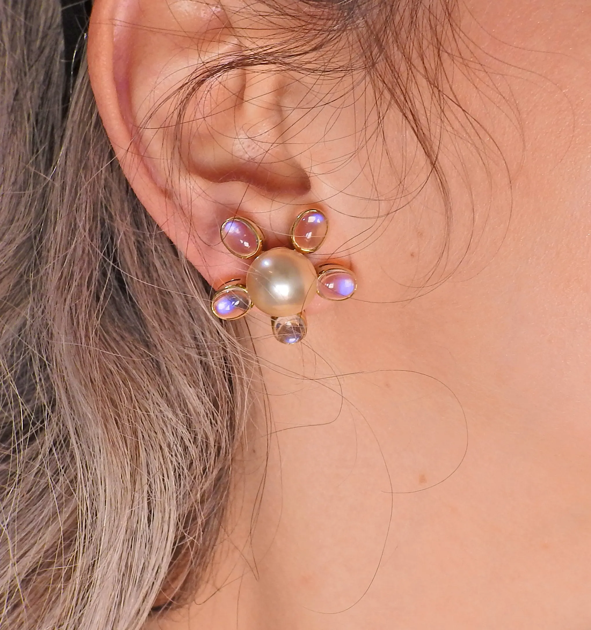 Assael South Sea Pearl Moonstone Gold Flower Earrings