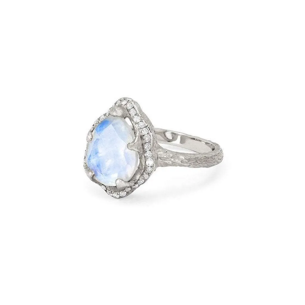 Baby Queen Water Drop Moonstone Ring with Full Pavé Diamond Halo | Ready to Ship