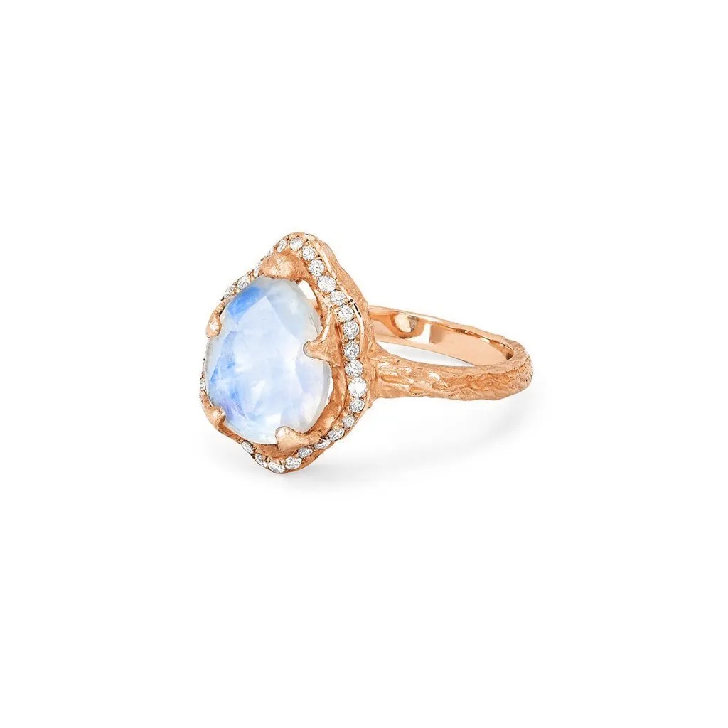 Baby Queen Water Drop Moonstone Ring with Full Pavé Diamond Halo | Ready to Ship