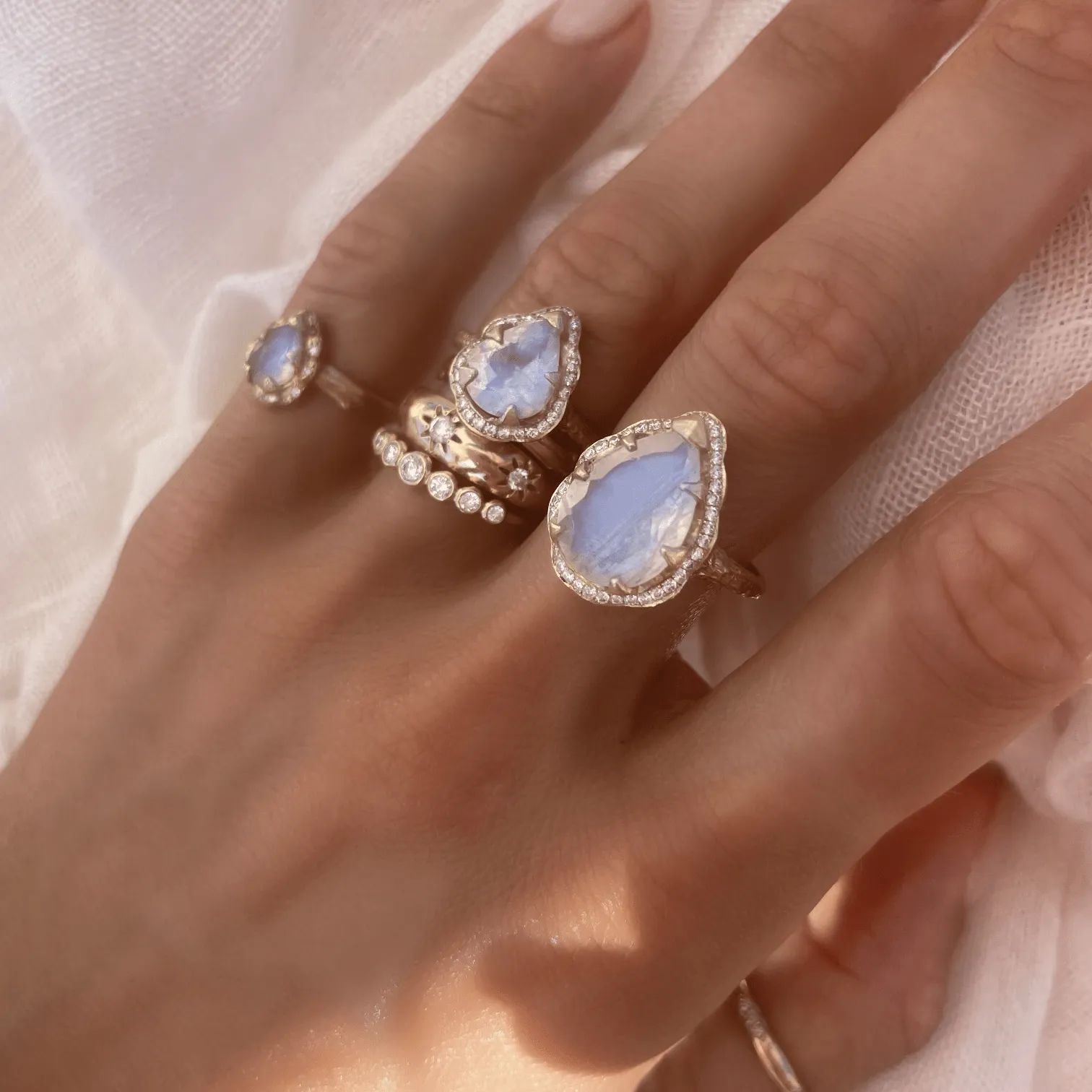 Baby Queen Water Drop Moonstone Ring with Full Pavé Diamond Halo