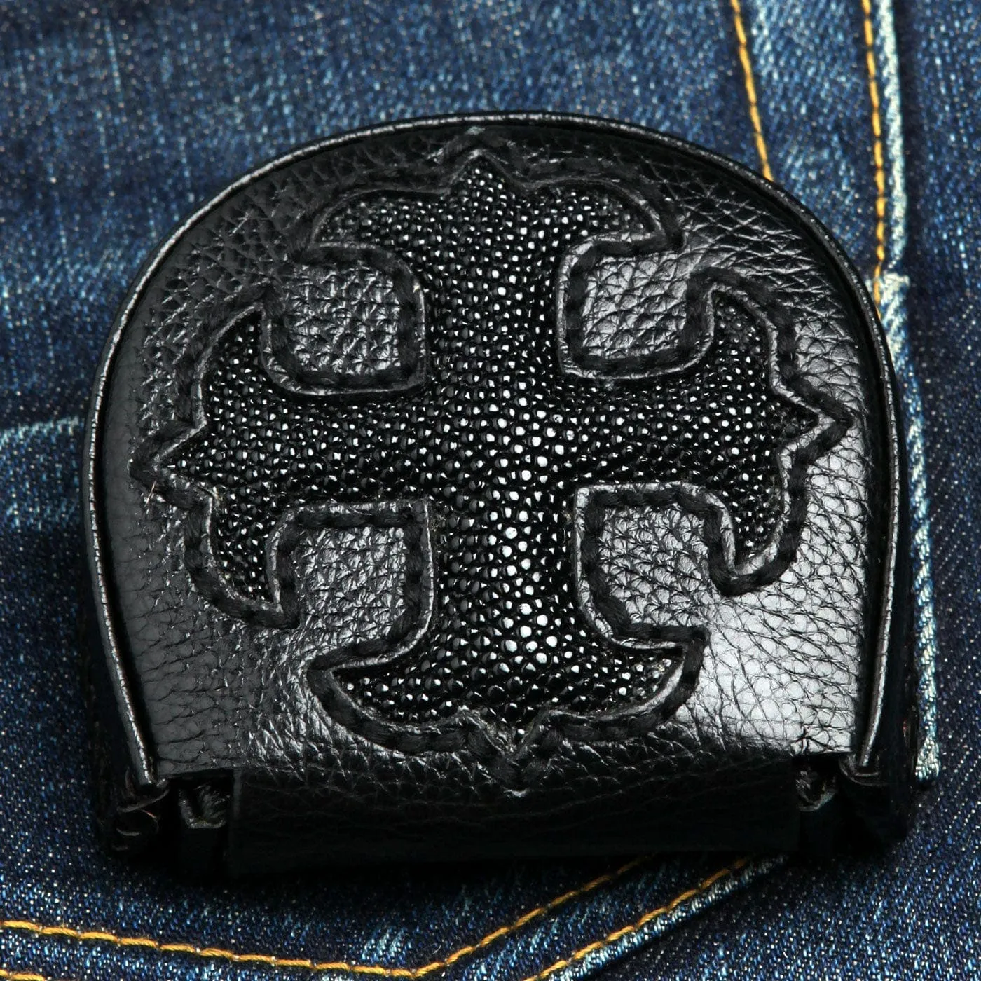 Black Gothic Cross Stingray Leather Men's Coin Wallet