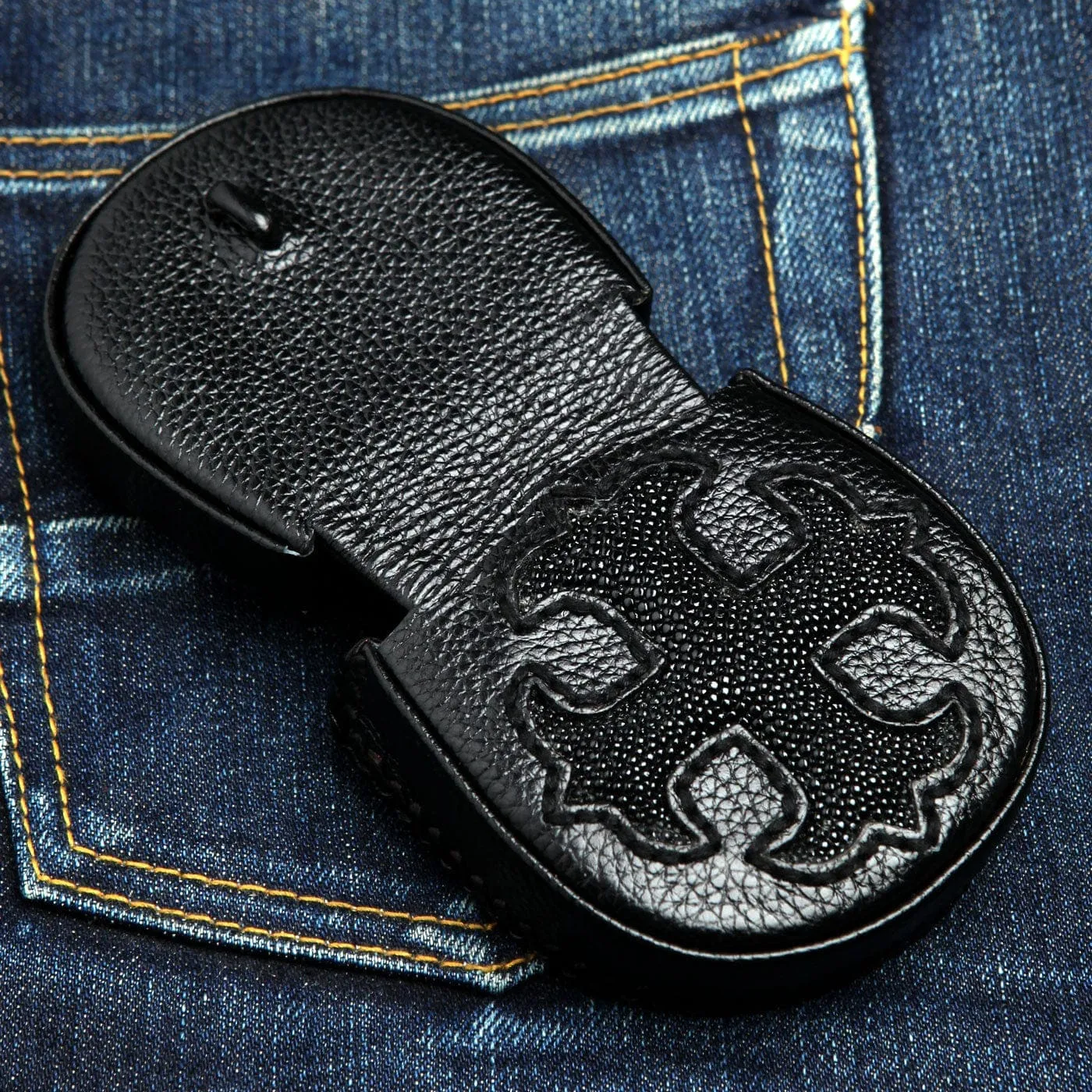 Black Gothic Cross Stingray Leather Men's Coin Wallet